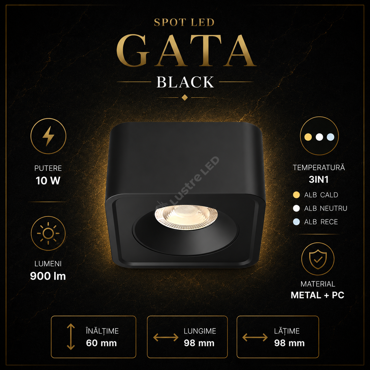 Spot LED Aplicat Patrat 3CCT Gata Black L9.8 x H6CM