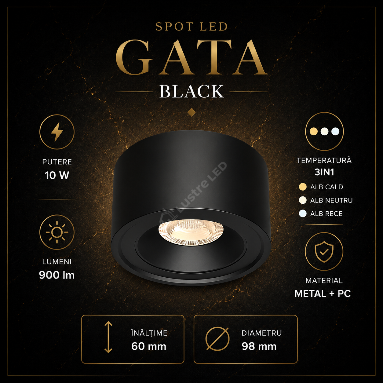 Spot LED Aplicat Rotund 3CCT Gata Black Ø9.8x6CM