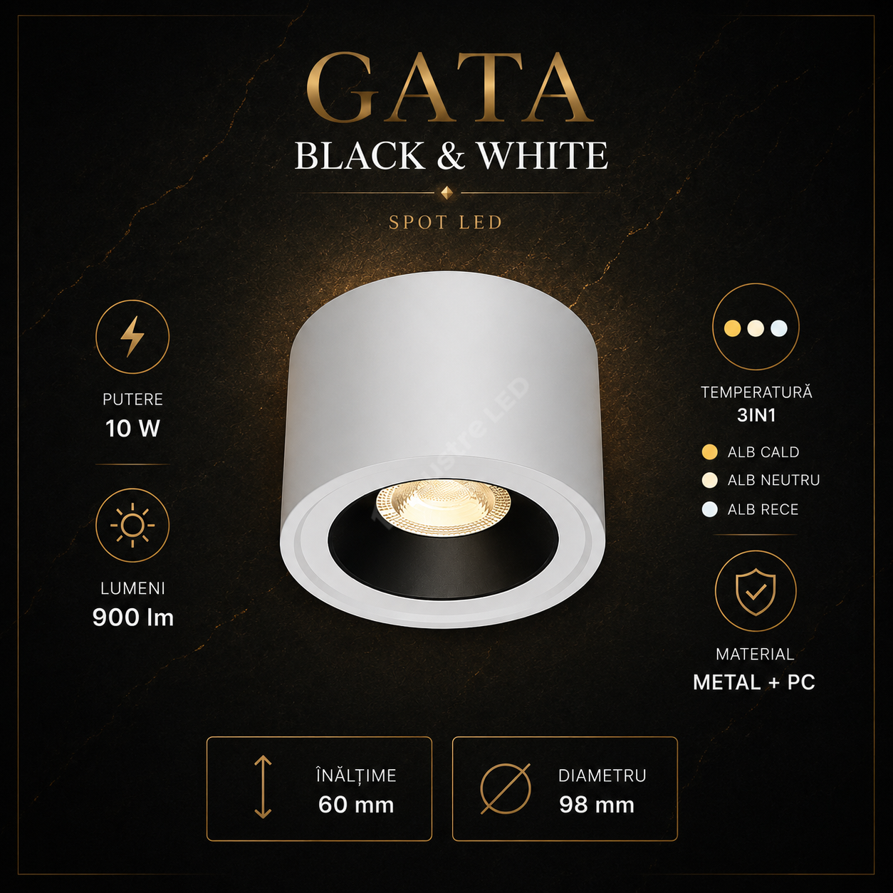Spot LED Aplicat Rotund 3CCT Gata White & Black Ø9.8x6CM
