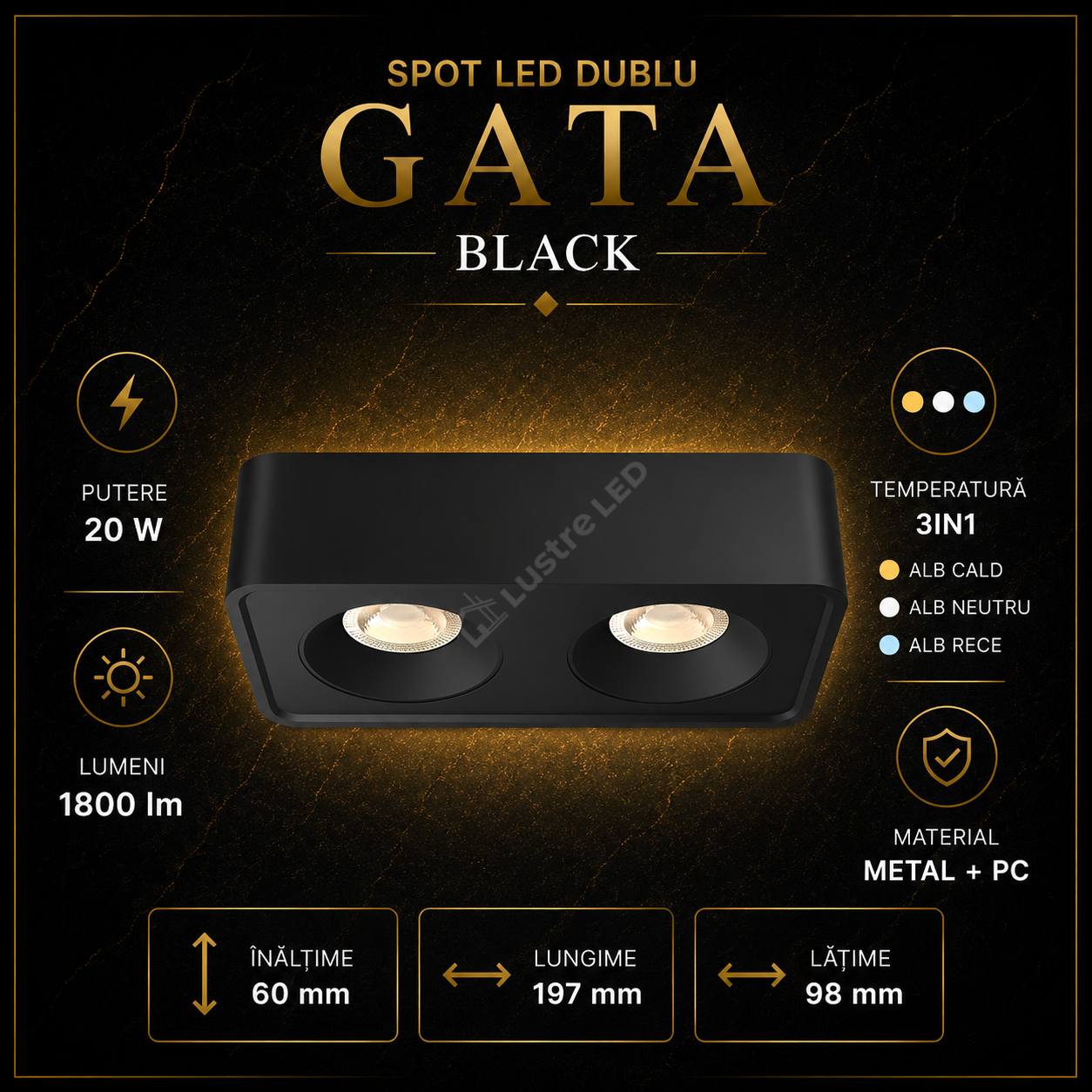 Spot LED Dublu Aplicat Patrat 3CCT Gata Black L197 x l98CM