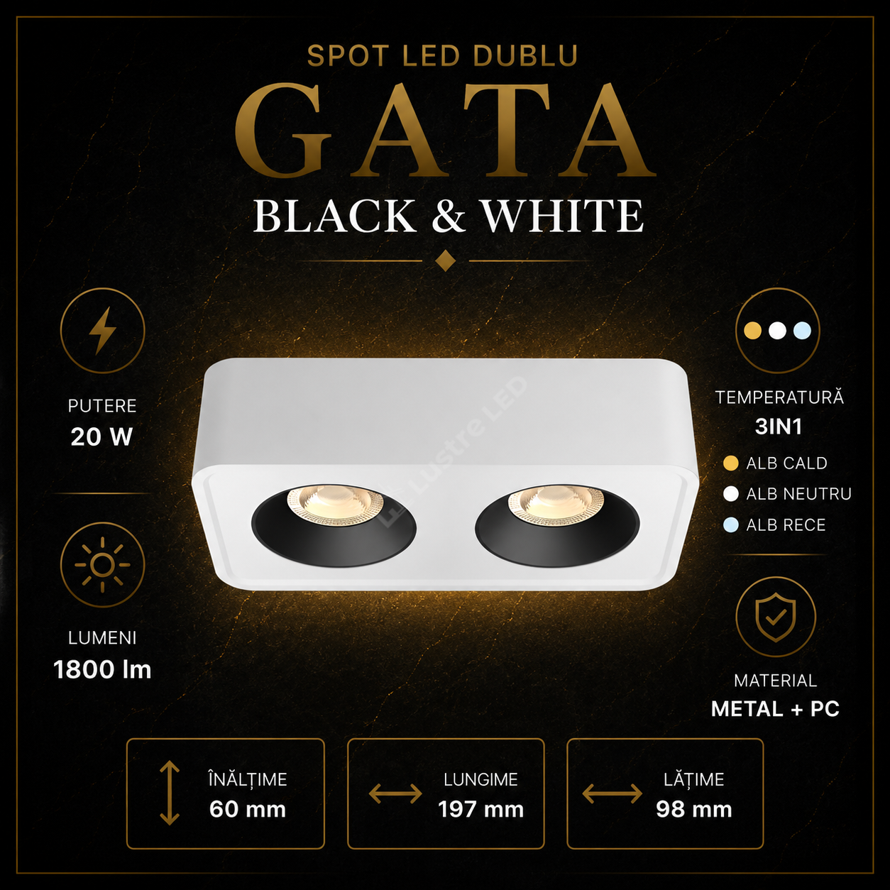 Spot LED Dublu Aplicat Patrat 3CCT Gata White & Black L197 x l98CM