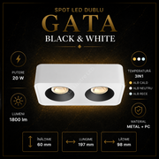 Spot LED Dublu Aplicat Patrat 3CCT Gata White & Black L197 x l98CM