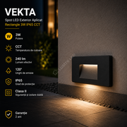 Spot LED Exterior Aplicat VEKTA Black Rectangle 3W IP65 CCT