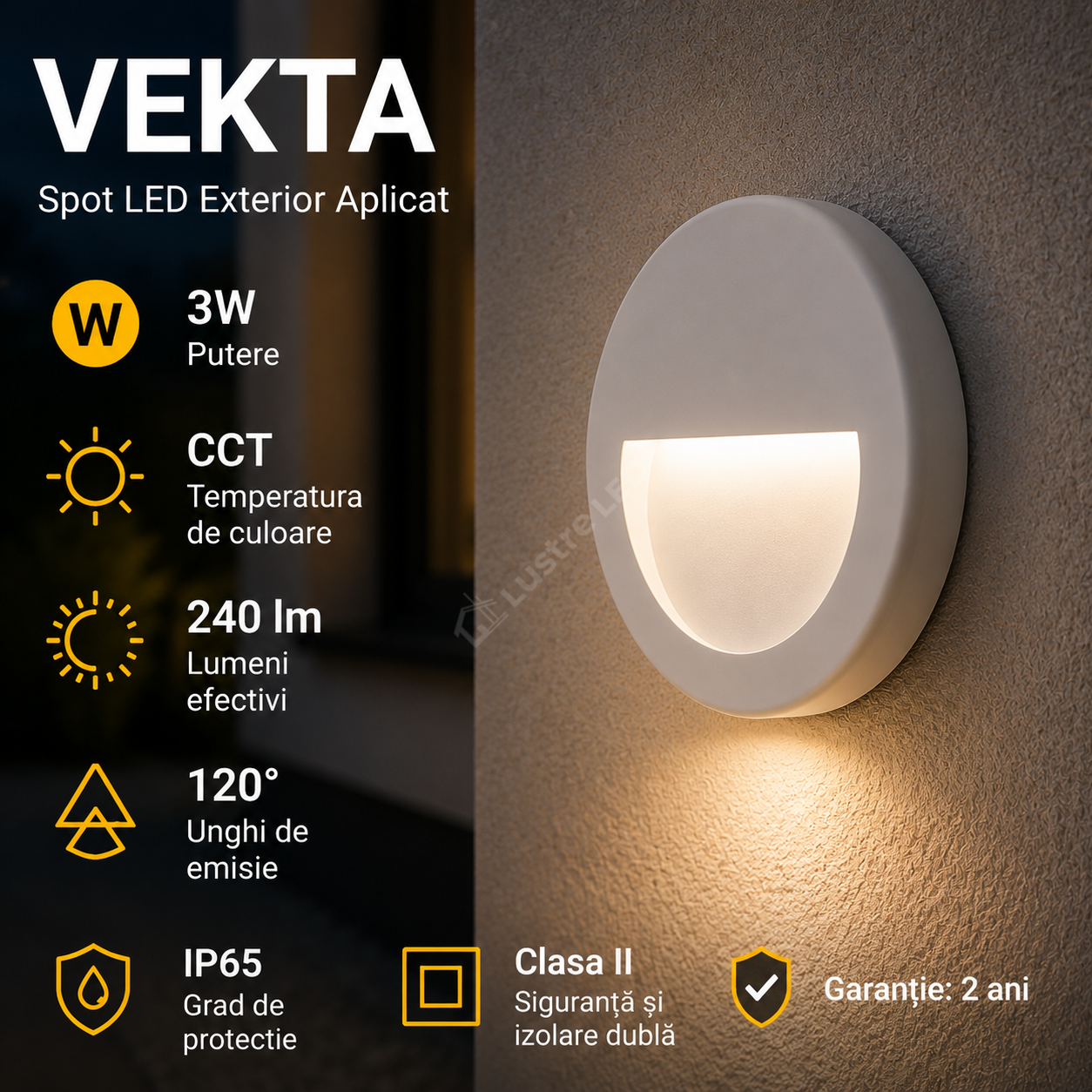 Spot LED Exterior Aplicat VEKTA White 3W IP65 CCT Rotund