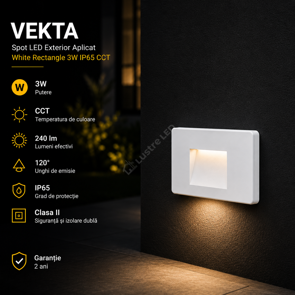 Spot LED Exterior Aplicat VEKTA White Rectangle 3W IP65 CCT
