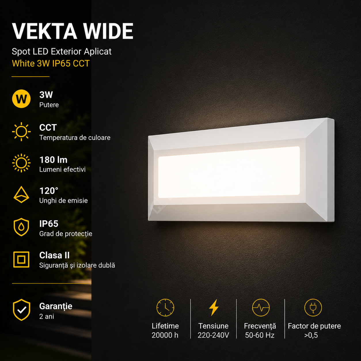 Spot LED Exterior Aplicat VEKTA WIDE White 3W IP65 CCT