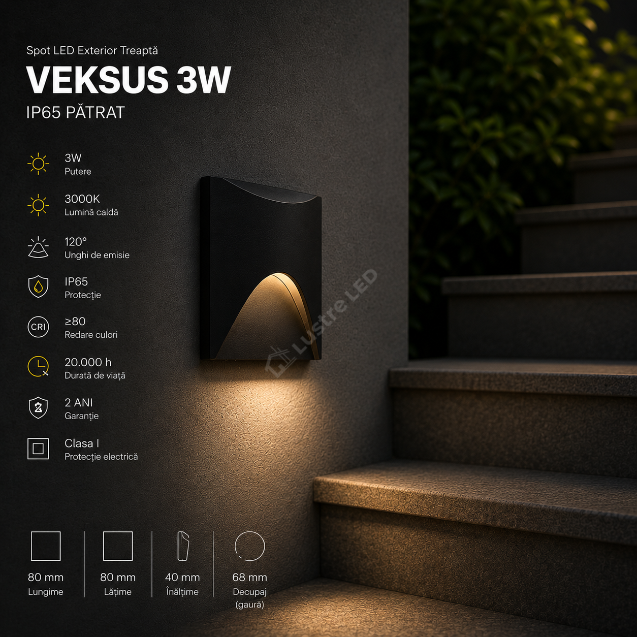 Spot LED Exterior Treapta VEKSUS Black 3W IP65 Patrat