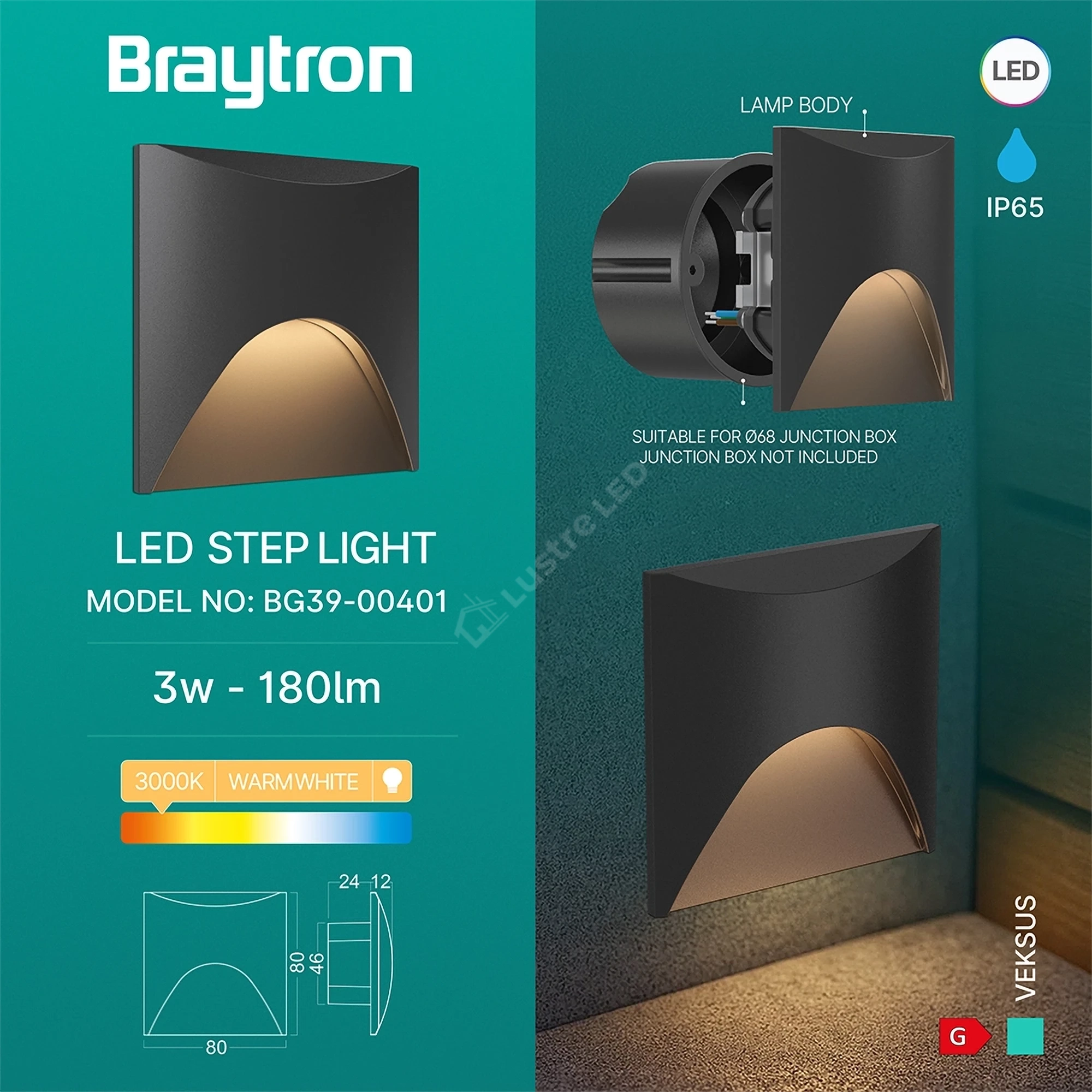 Spot LED Exterior Treapta VEKSUS Black 3W IP65 Patrat