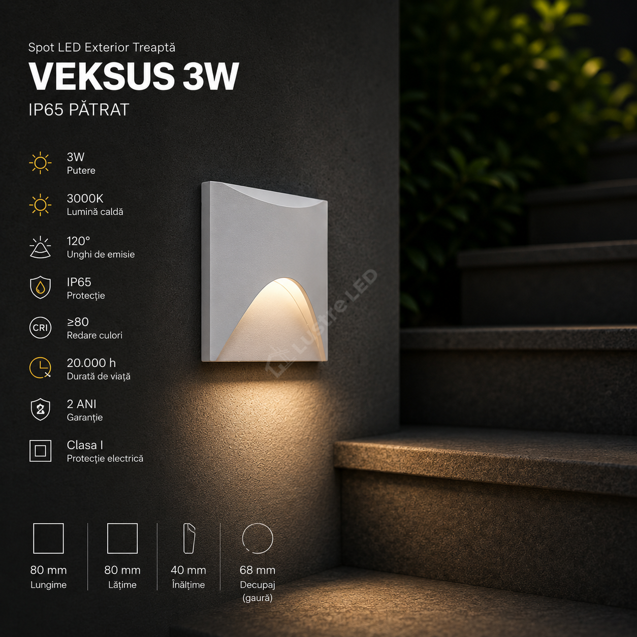 Spot LED Exterior Treapta VEKSUS White 3W IP65 Patrat