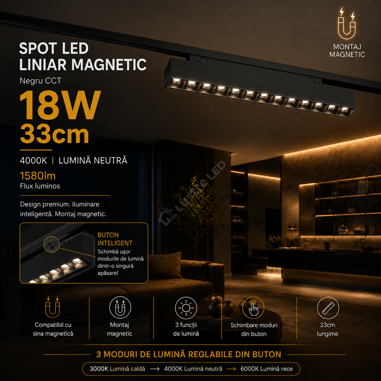 Spot LED Liniar 18W Magnetic 33cm Negru CCT