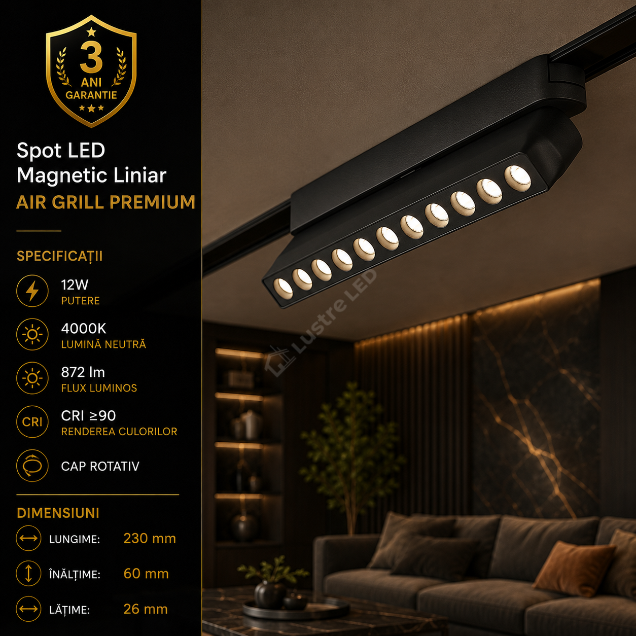 Spot LED Magnetic AIR GRILL Black Orientabil Premium 12W 23CM | CRI≥90 | 4000K
