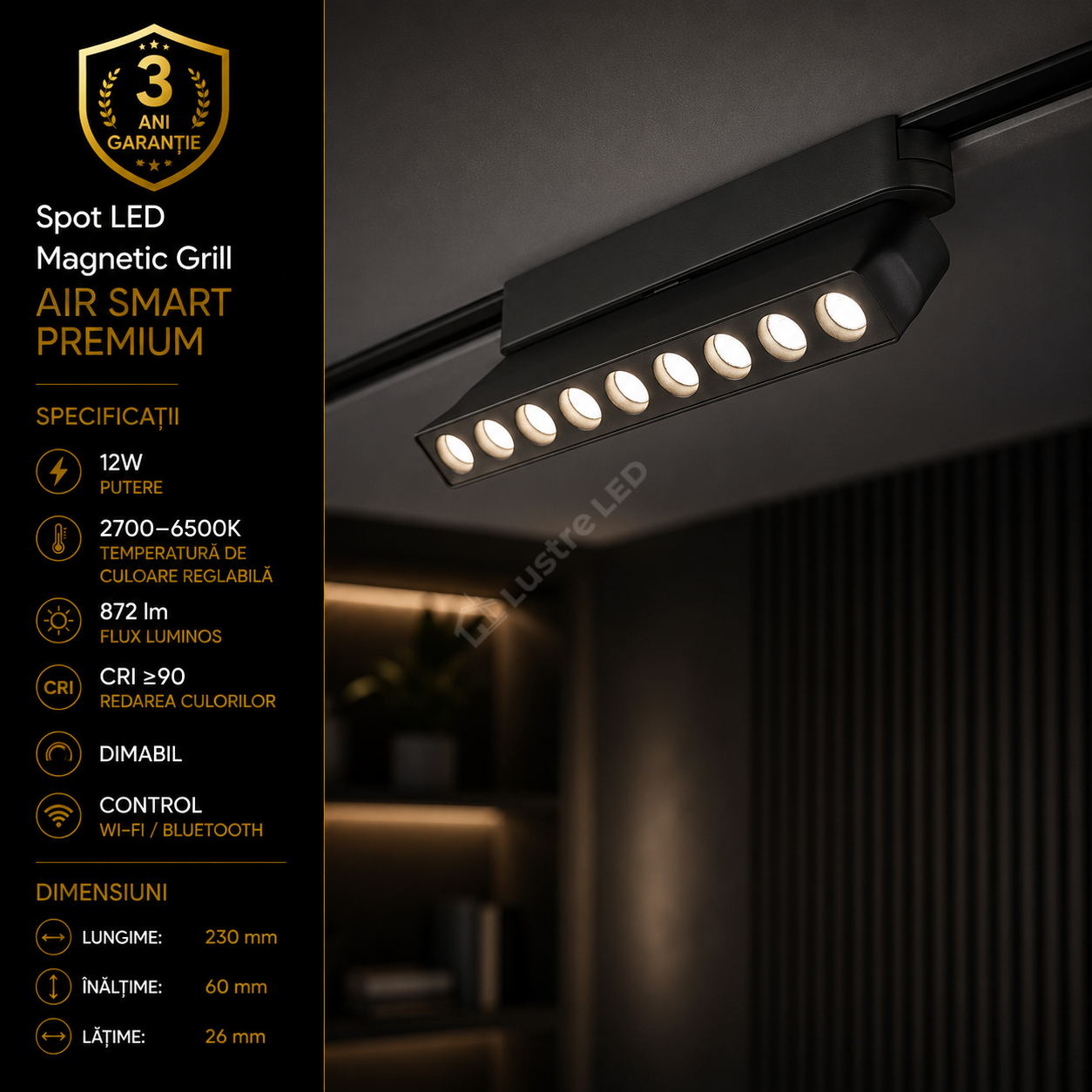 Spot LED Magnetic AIR GRILL Black Orientabil Premium 12W | Wi-Fi/Bluetooth | CRI≥90 | 2700-6500K
