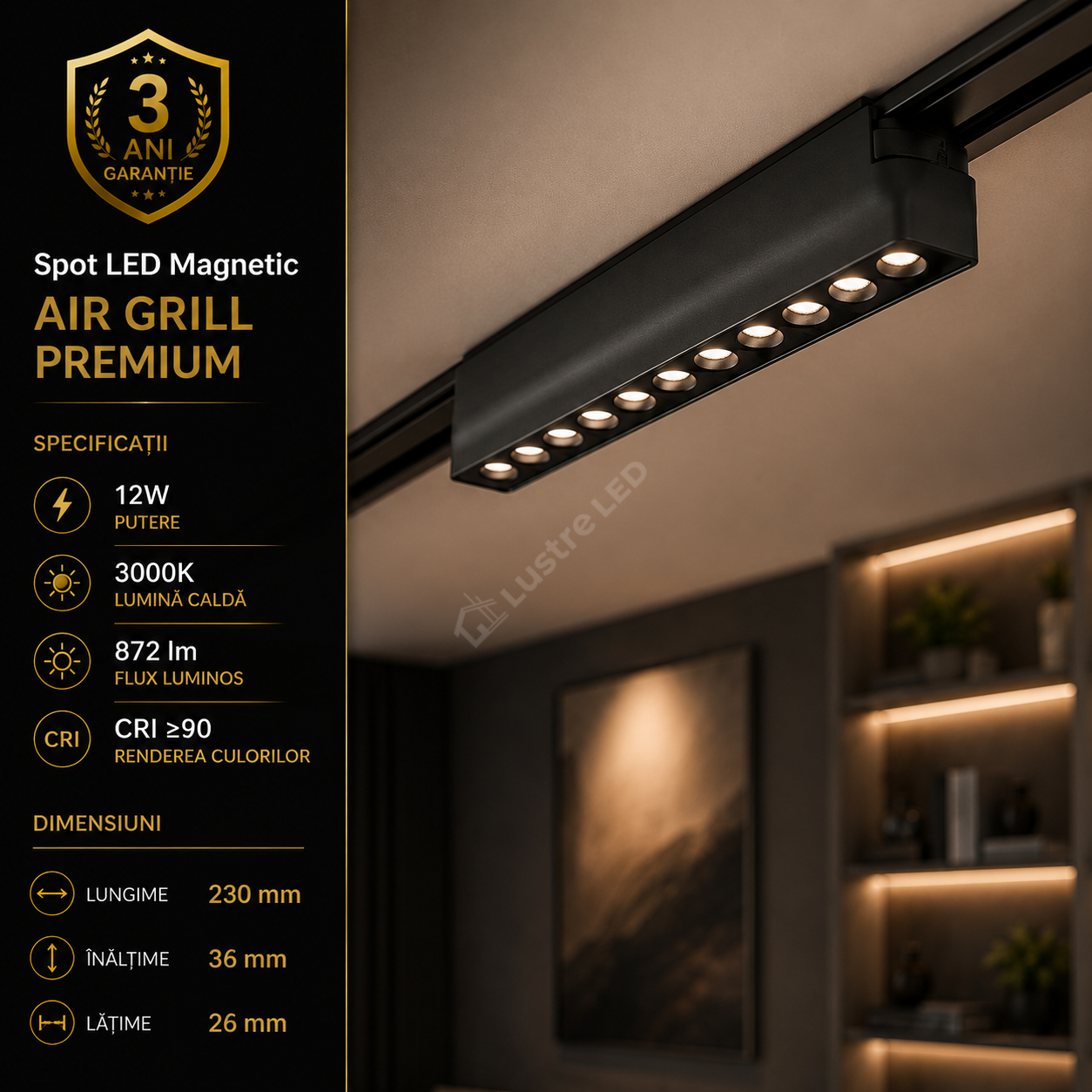 Spot LED Magnetic AIR GRILL Black Premium 12W 23CM | CRI≥90 | 3000K