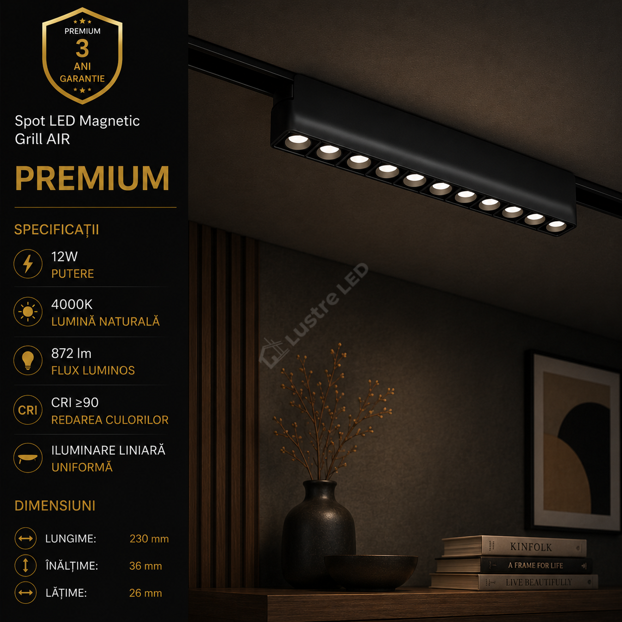 Spot LED Magnetic AIR GRILL Black Premium 12W 23CM | CRI≥90 | 4000K