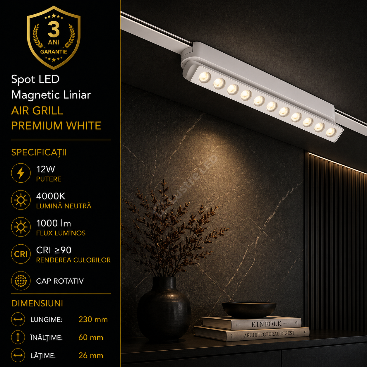 Spot LED Magnetic AIR GRILL White Orientabil Premium 12W 23CM | CRI≥90 | 4000K