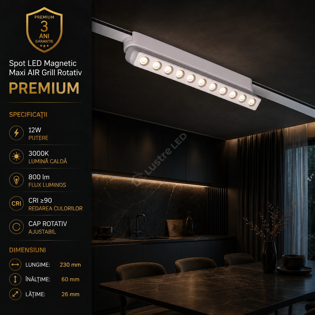 Spot LED Magnetic AIR GRILL White Orientabil Premium 12W 23CM | CRI≥90 | 3000K