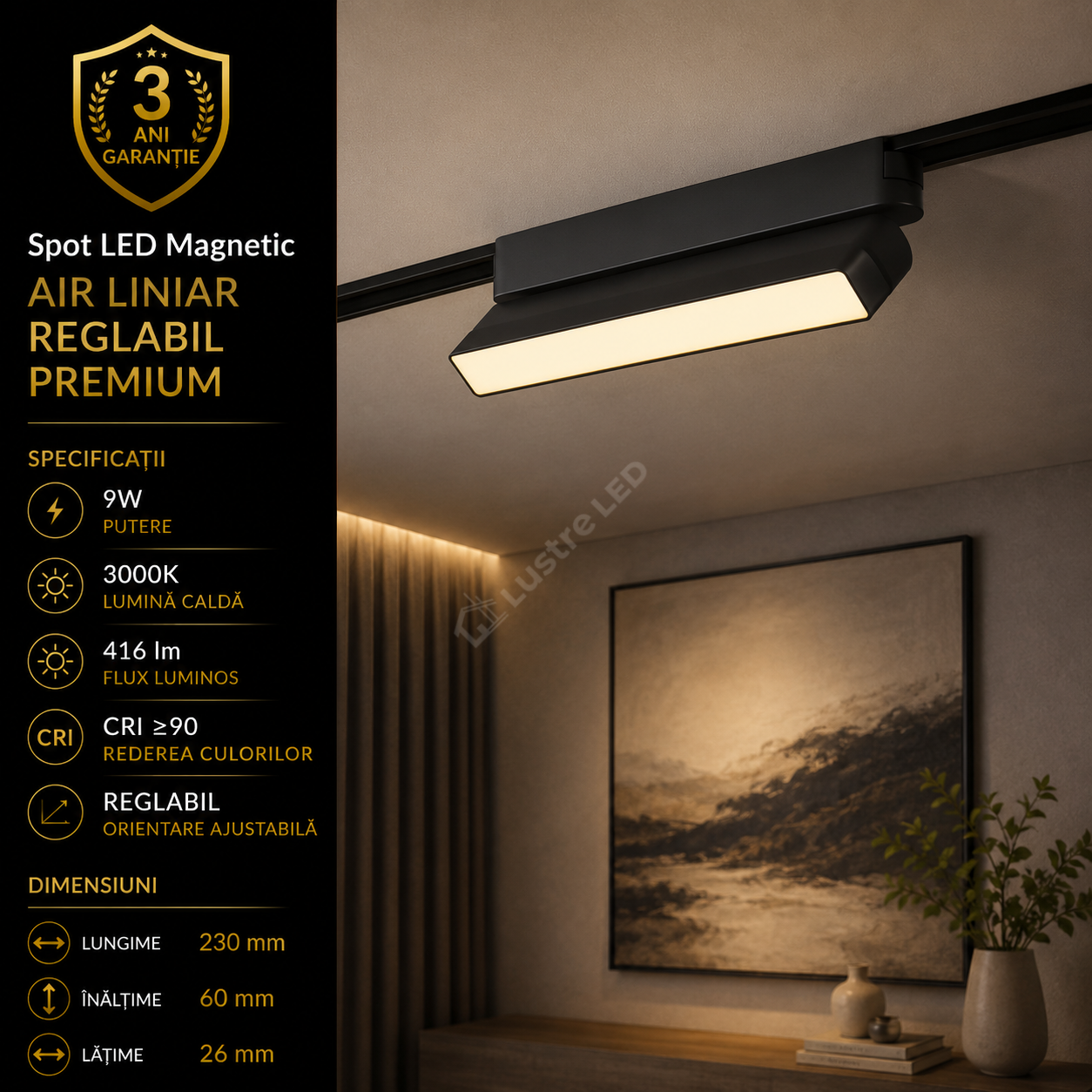 Spot LED Magnetic AIR LINEAR Black Orientabil Premium 9W 23CM | CRI≥90 | 3000K