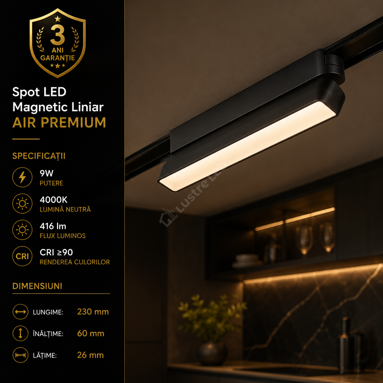 Spot LED Magnetic AIR LINEAR Black Orientabil Premium 9W 23CM | CRI≥90 | 4000K