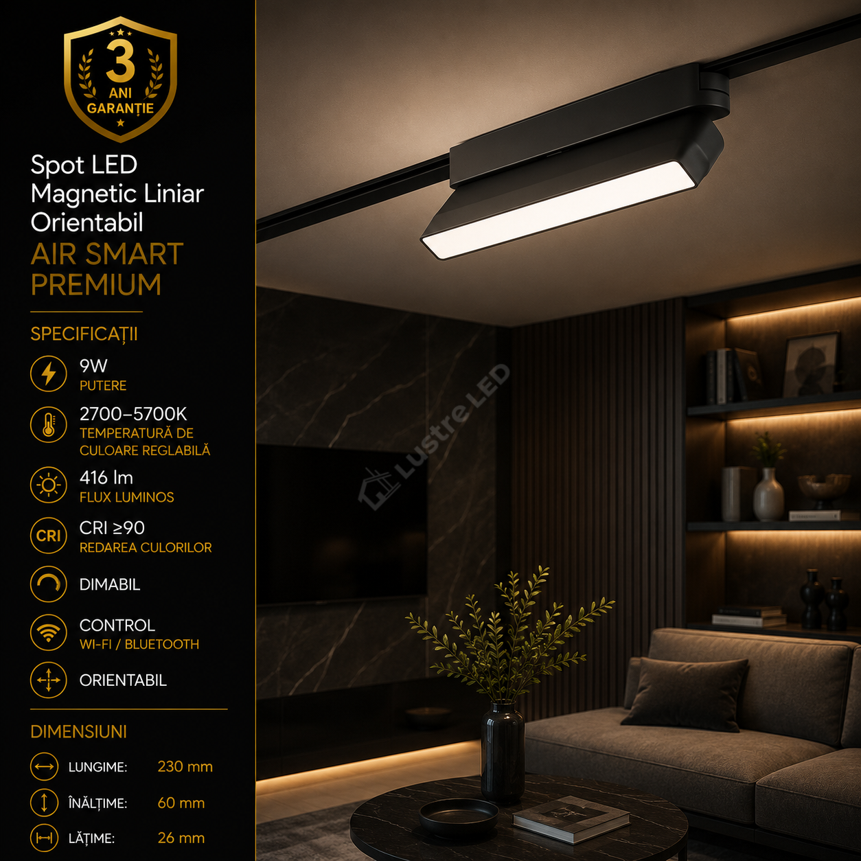 Spot LED Magnetic AIR LINEAR Black Orientabil Premium 9W | Wi-Fi/Bluetooth | CRI≥90 | 2700-5700K