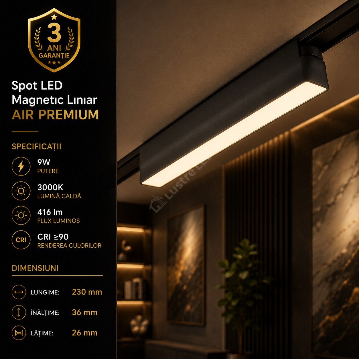 Spot LED Magnetic AIR LINEAR Black Premium 9W 23CM | CRI≥90 | 3000K