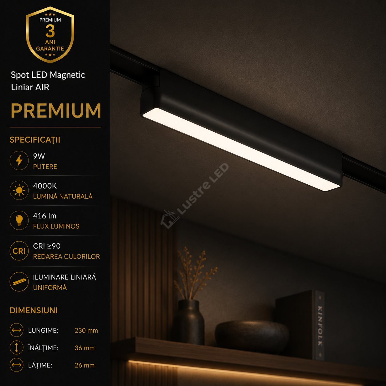 Spot LED Magnetic AIR LINEAR Black Premium 9W 23CM | CRI≥90 | 4000K