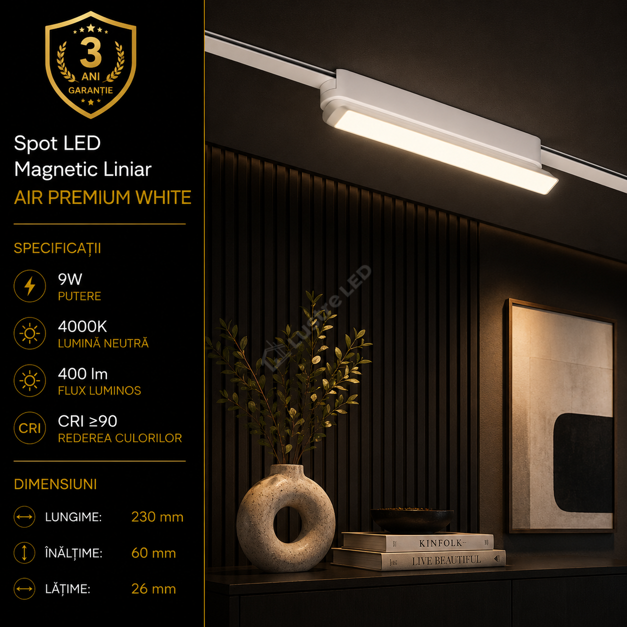 Spot LED Magnetic AIR LINEAR White Orientabil Premium 9W 23CM | CRI≥90 | 4000K