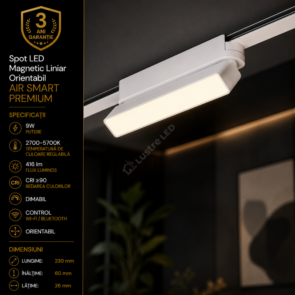 Spot LED Magnetic AIR LINEAR White Orientabil Premium 9W | Wi-Fi/Bluetooth | CRI≥90 | 2700-5700K