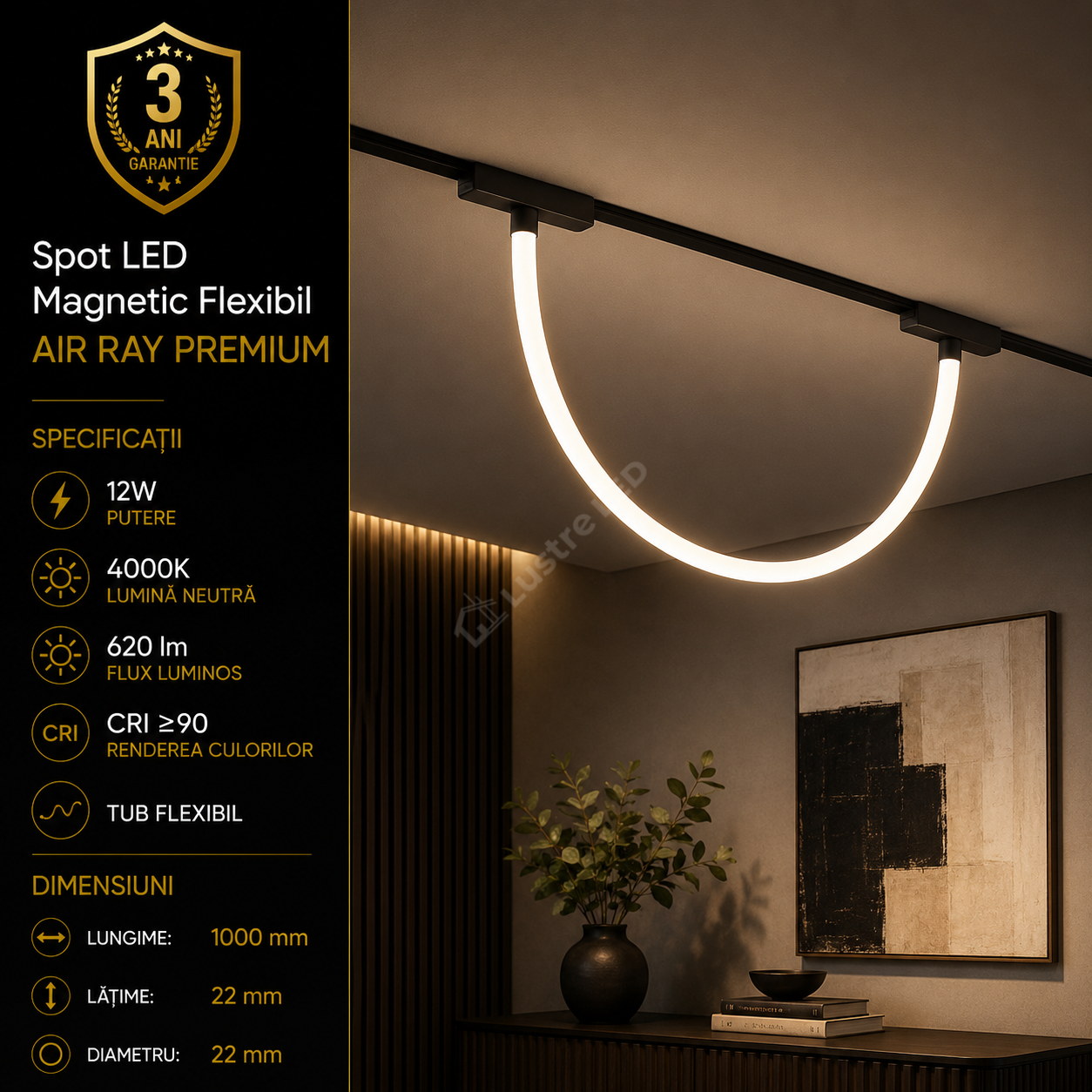 Spot LED Magnetic AIR RAY Flexibil Black Premium 12W 100CM | CRI≥90 | 4000K