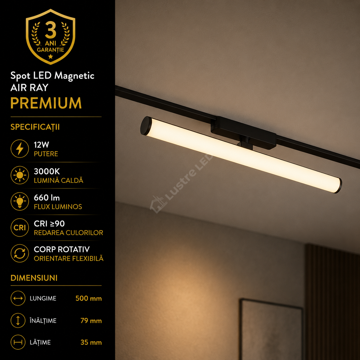 Spot LED Magnetic AIR RAY Orientabil Black Premium 12W 50CM | CRI≥90 | 3000K