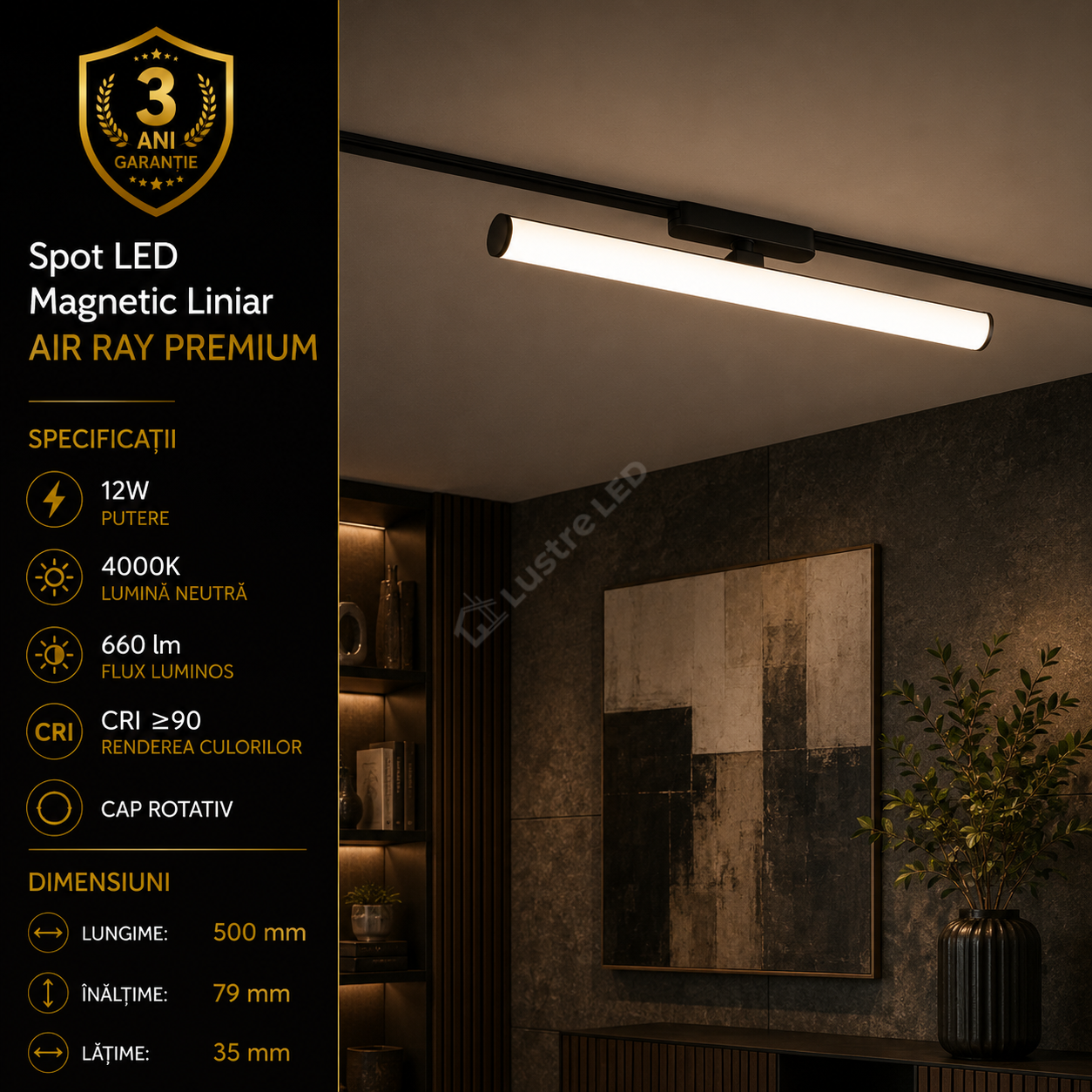 Spot LED Magnetic AIR RAY Orientabil Black Premium 12W 50CM | CRI≥90 | 4000K