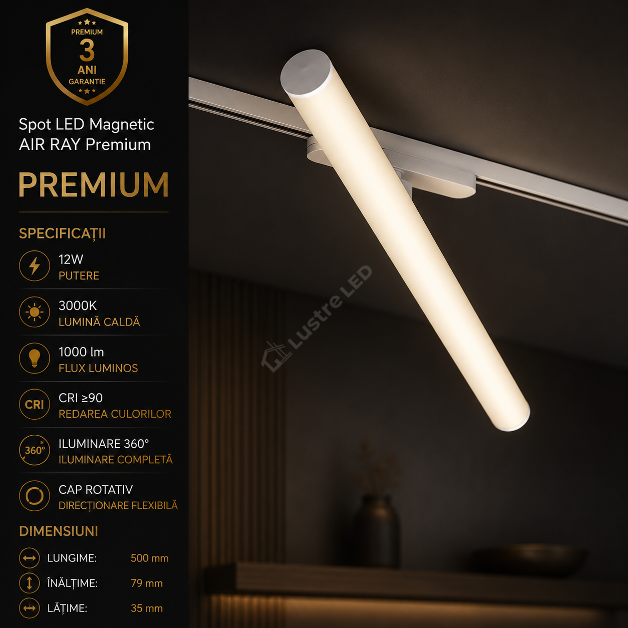 Spot LED Magnetic AIR RAY Orientabil White Premium 12W 50CM | CRI≥90 | 3000K