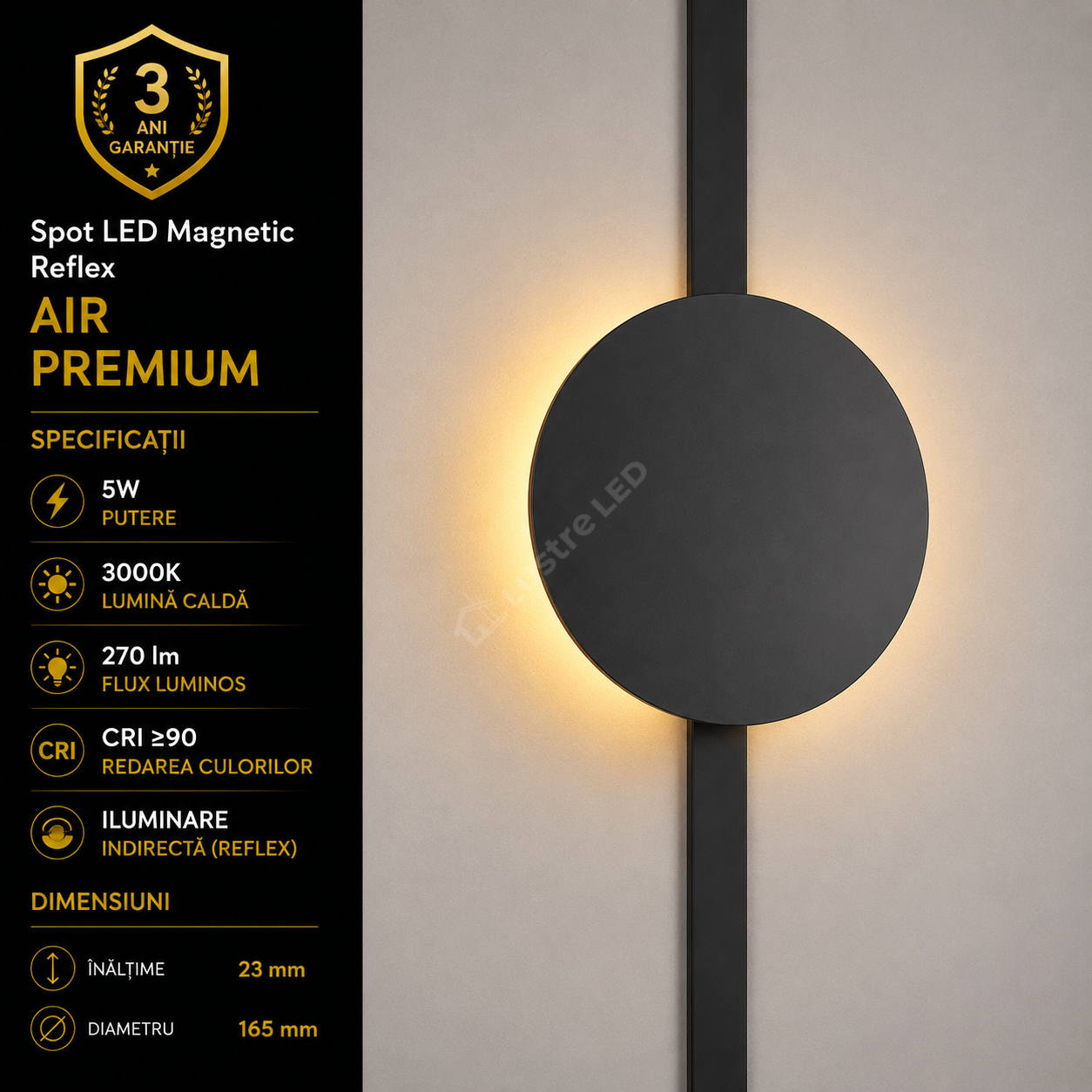 Spot LED Magnetic AIR REFLEX Black Premium 5W Ø16.5CM | CRI≥90 | 3000K