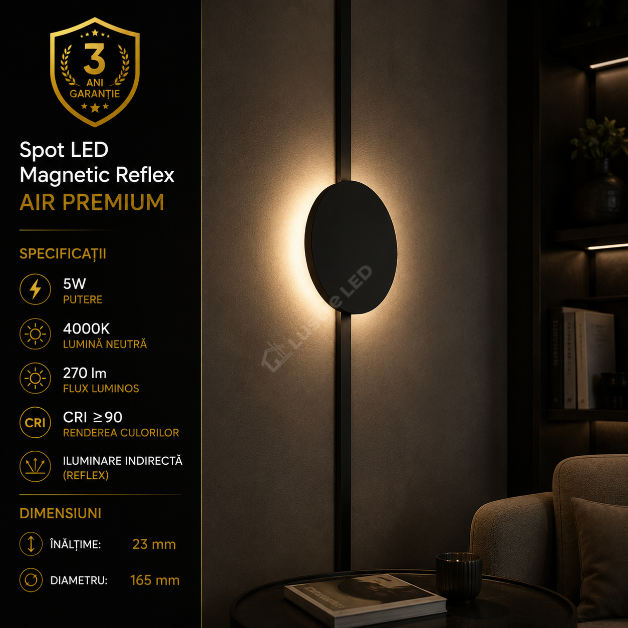 Spot LED Magnetic AIR REFLEX Black Premium 5W Ø16.5CM | CRI≥90 | 4000K