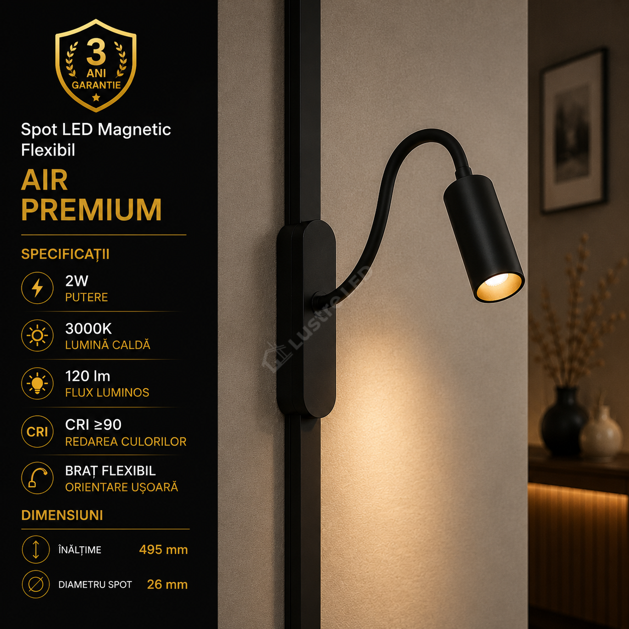 Spot LED Magnetic AIR SPOT Black Flexibil Premium 2W Ø2.6CM | CRI≥90 | 3000K
