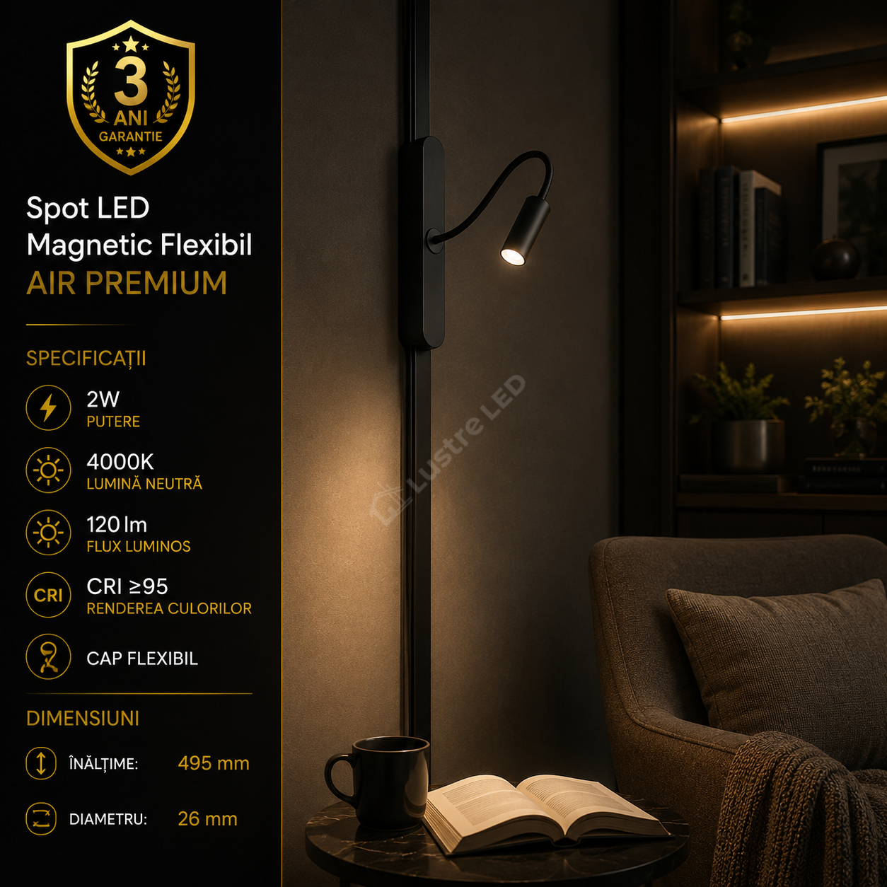 Spot LED Magnetic AIR SPOT Black Flexibil Premium 2W Ø2.6CM | CRI≥90 | 4000K