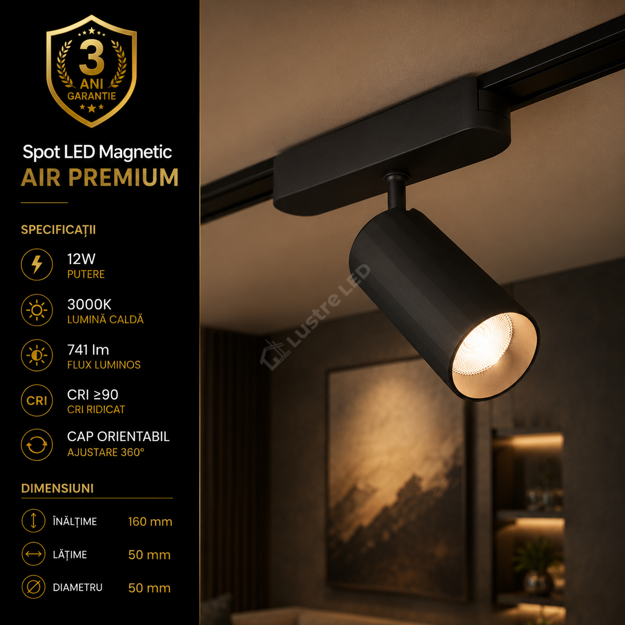 Spot LED Magnetic AIR SPOT Black Orientabil Premium 12W Ø5CM | CRI≥90 | 3000K