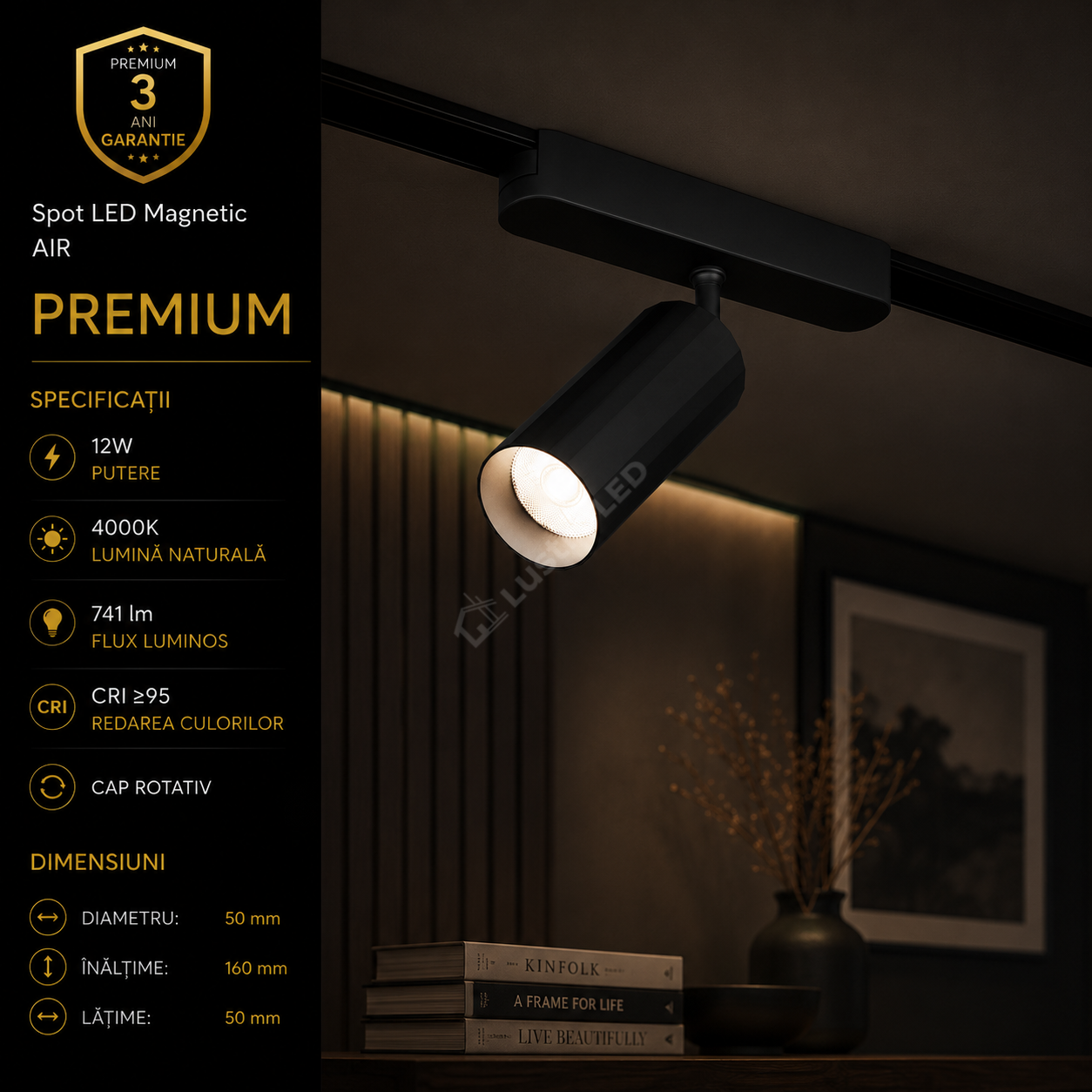 Spot LED Magnetic AIR SPOT Black Orientabil Premium 12W Ø5CM | CRI≥90 | 4000K