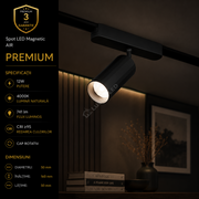 Spot LED Magnetic AIR SPOT Black Orientabil Premium 12W Ø5CM | CRI≥90 | 4000K