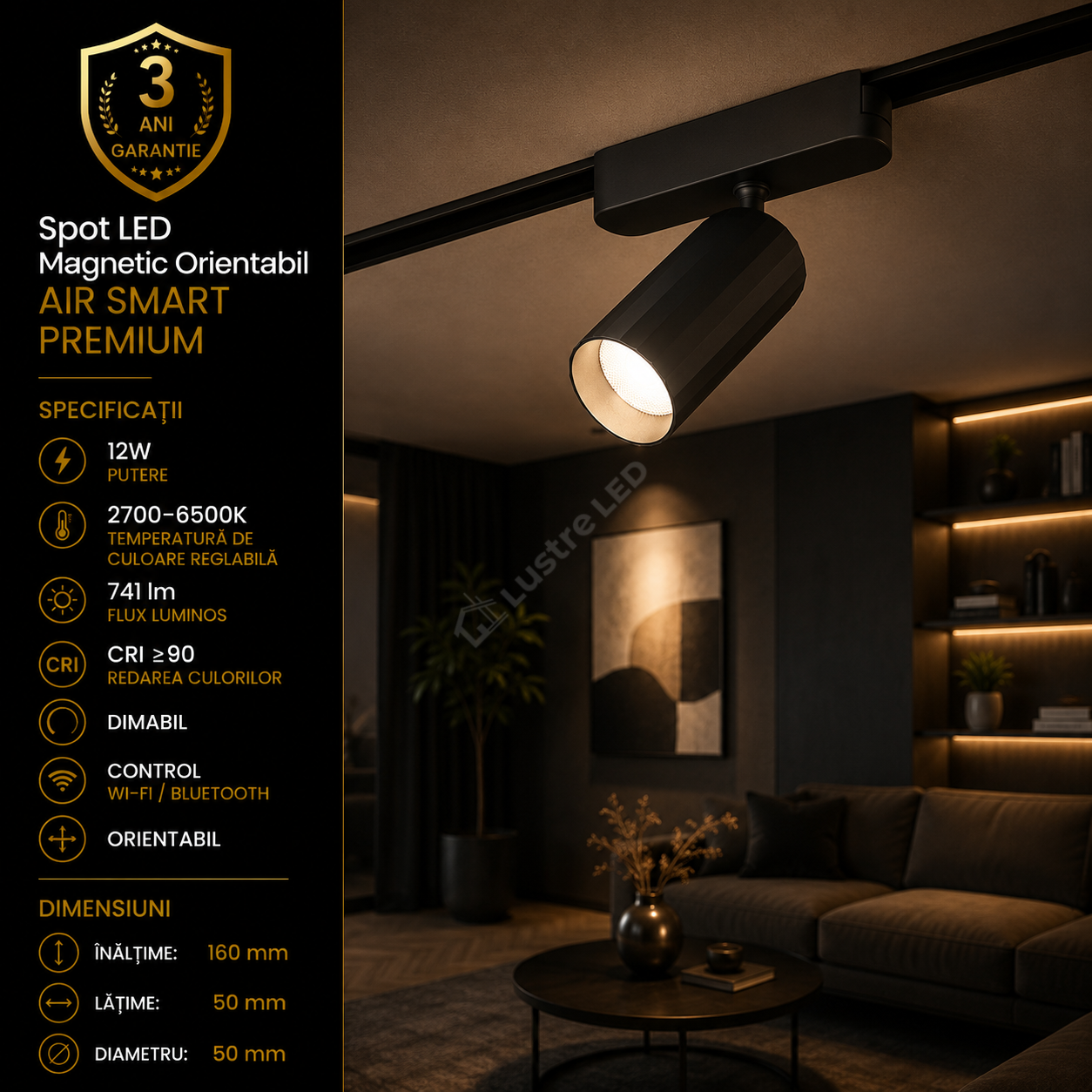 Spot LED Magnetic AIR SPOT Black Orientabil Premium 12W | Wi-Fi/Bluetooth | CRI≥90 | 2700-6500K