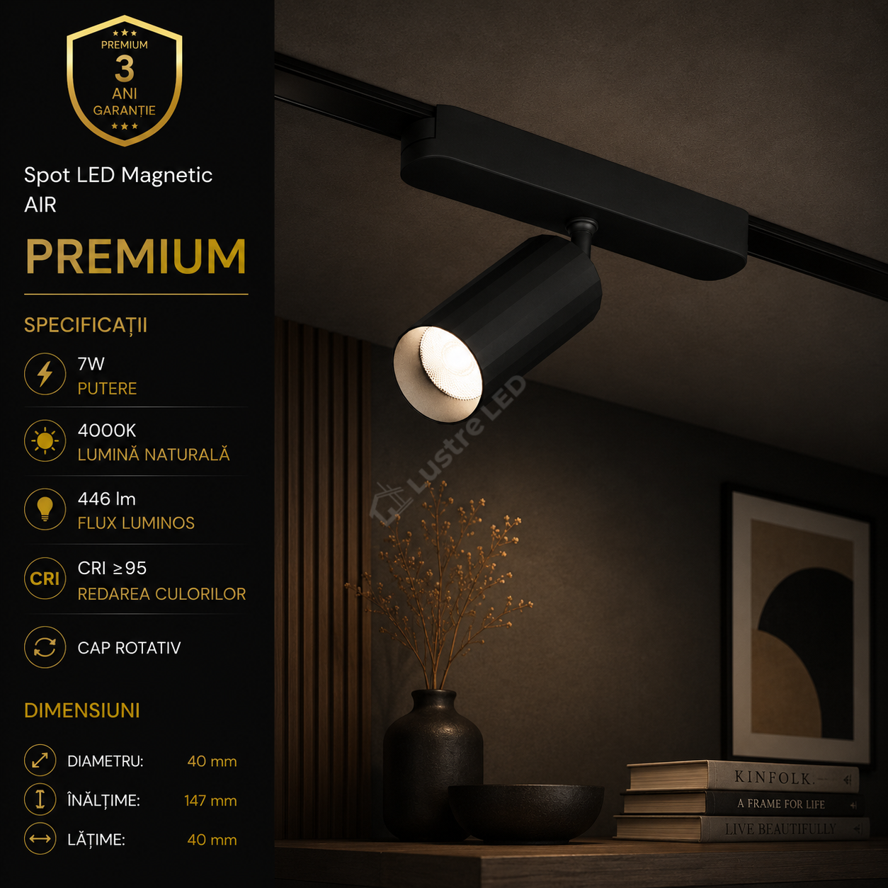 Spot LED Magnetic AIR SPOT Black Orientabil Premium 7W Ø4CM | CRI≥90 | 4000K