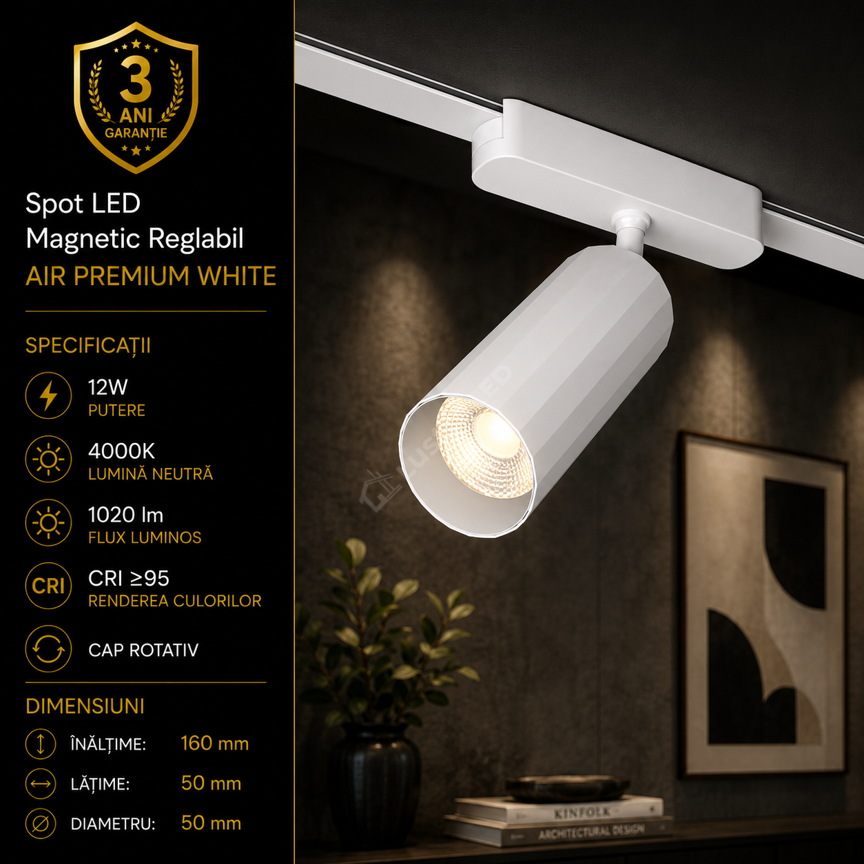 Spot LED Magnetic AIR SPOT White Orientabil Premium 12W Ø5CM | CRI≥90 | 4000K