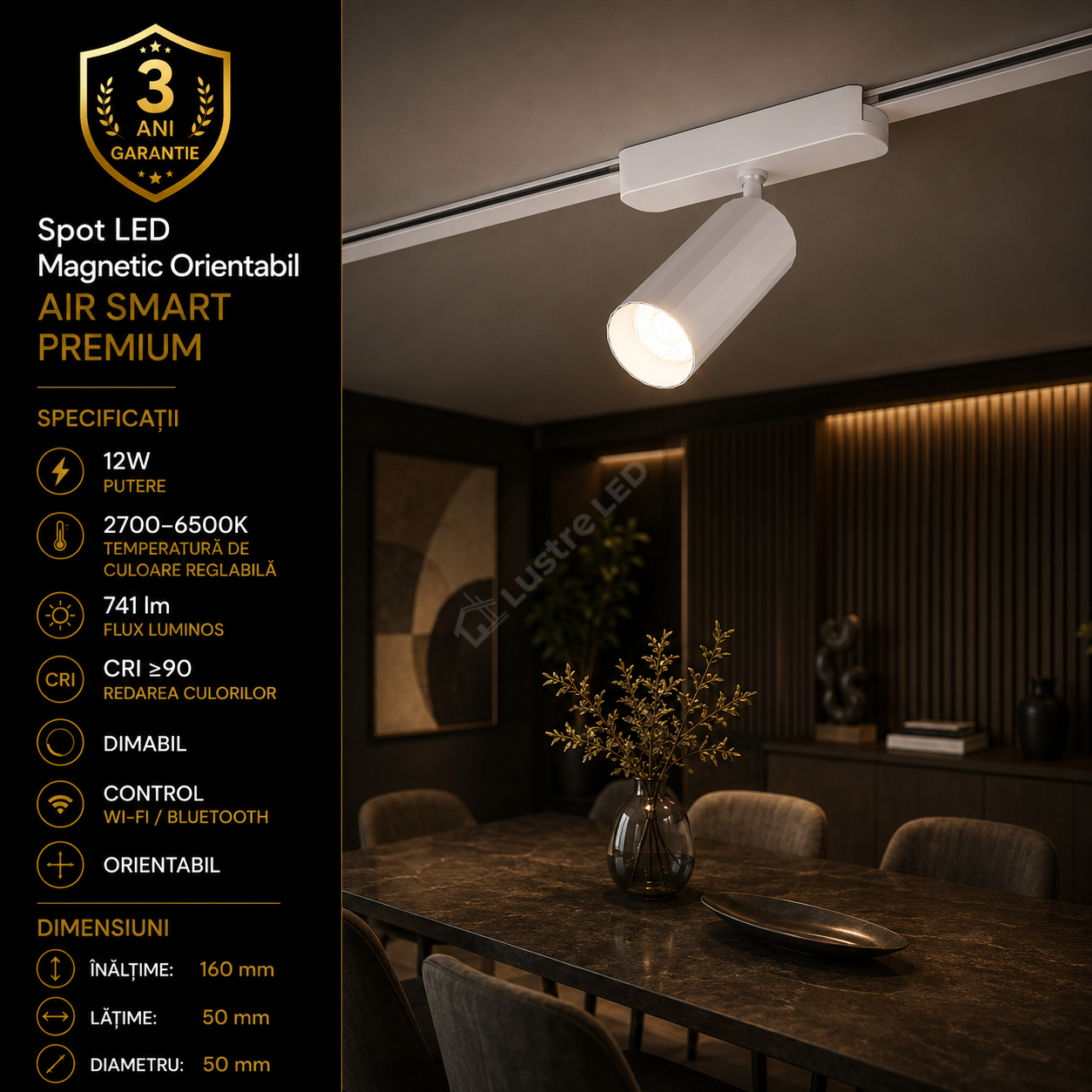 Spot LED Magnetic AIR SPOT White Orientabil Premium 12W | Wi-Fi/Bluetooth | CRI≥90 | 2700-6500K