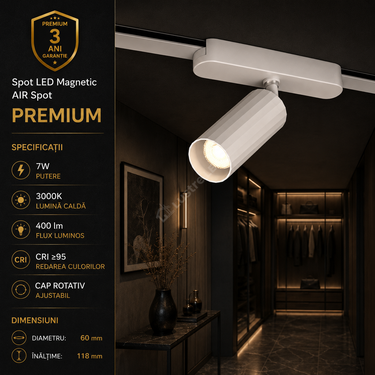 Spot LED Magnetic AIR SPOT White Orientabil Premium 7W Ø4CM | CRI≥90 | 3000K