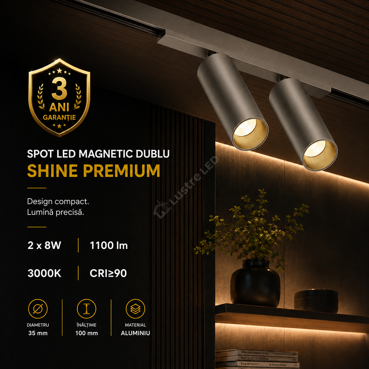Spot LED Magnetic Dublu SHINE TRACK Dark Nickel Premium 2 x 8W Rotund Ø3.5CM | CRI≥90 | 3000K