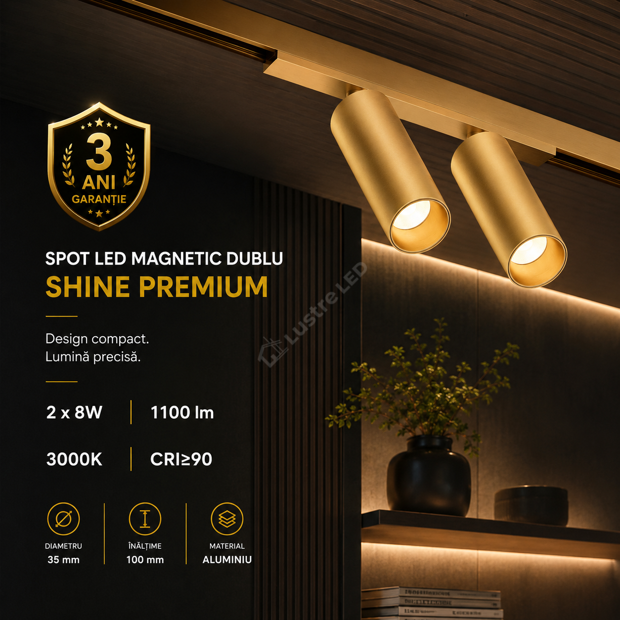 Spot LED Magnetic Dublu SHINE TRACK Gold Premium 2 x 8W Rotund Ø3.5CM | CRI≥90 | 3000K