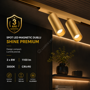 Spot LED Magnetic Dublu SHINE TRACK Gold Premium 2 x 8W Rotund Ø3.5CM | CRI≥90 | 3000K