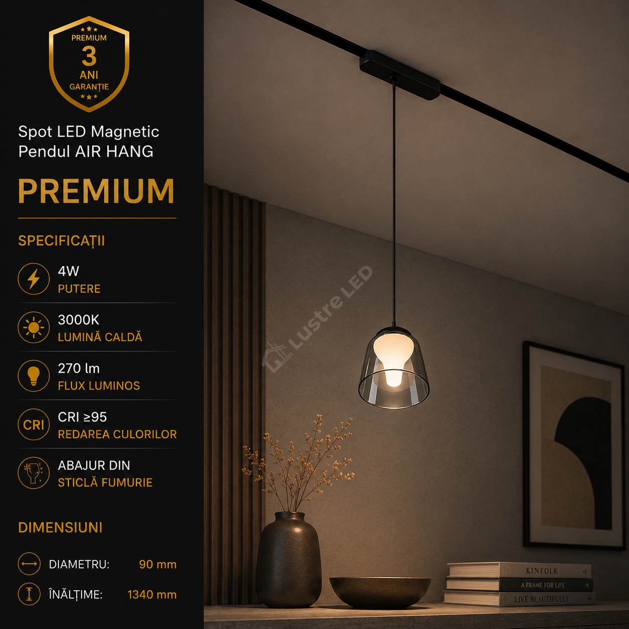 Spot LED Magnetic Pendul AIR HANG Black Premium 4W Ø9CM | CRI≥95 | 3000K