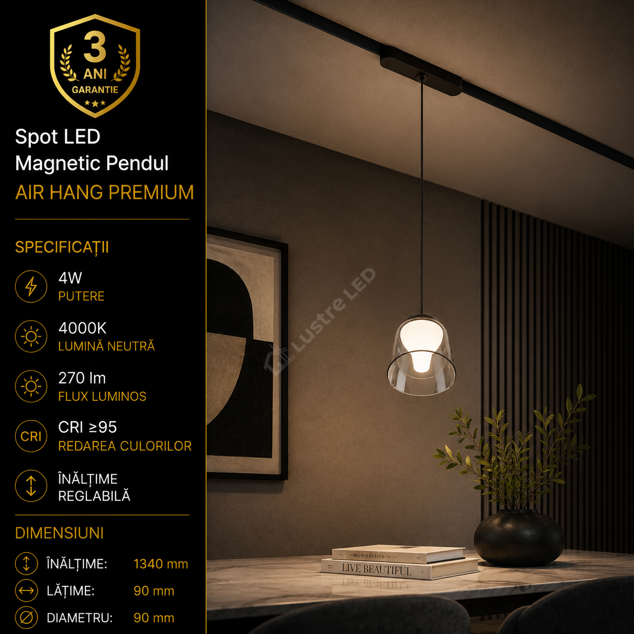Spot LED Magnetic Pendul AIR HANG Black Premium 4W Ø9CM | CRI≥95 | 4000K