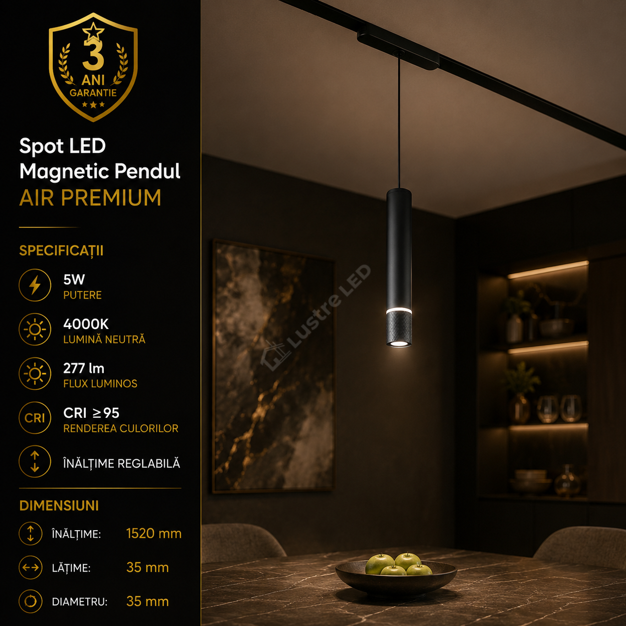 Spot LED Magnetic Pendul AIR HANG Black Premium 5W Ø3.5CM | CRI≥90 | 4000K