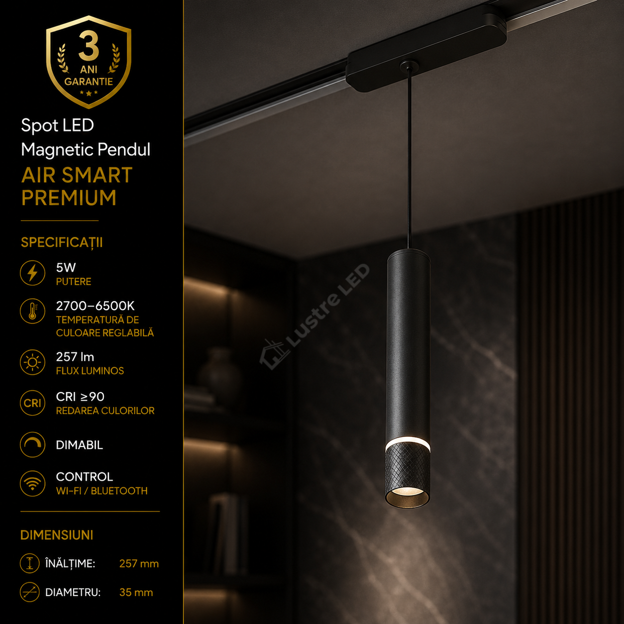 Spot LED Magnetic Pendul AIR HANG Black Premium 5W | Wi-Fi/Bluetooth | CRI≥90 | 2700-6500K
